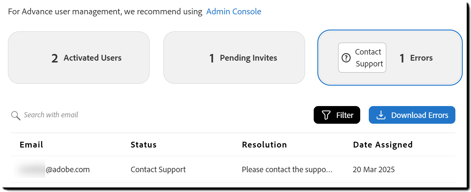 A página Usuários mostrando a exibição de Erros