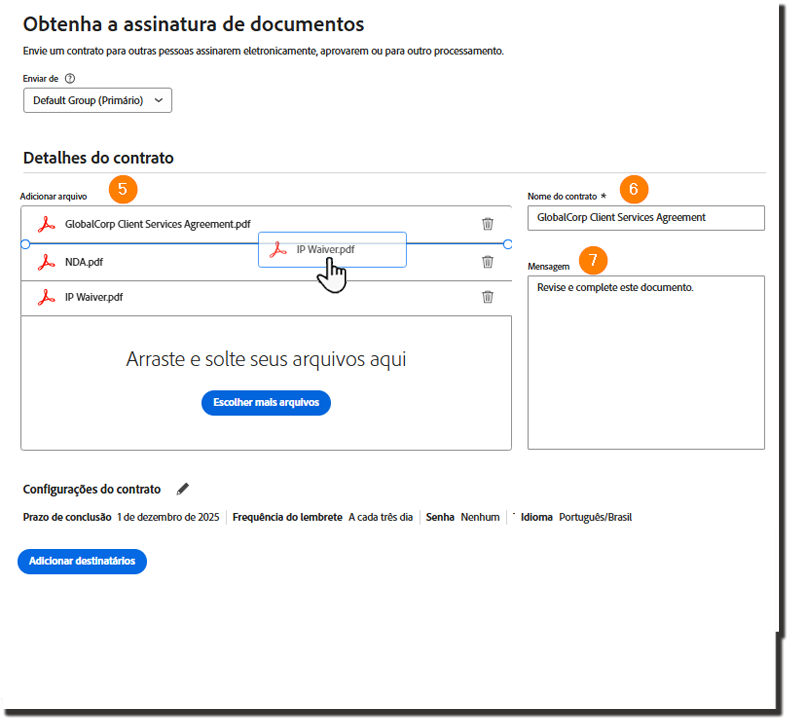 O processo de criação do contrato com a seção Detalhes do contrato realçada