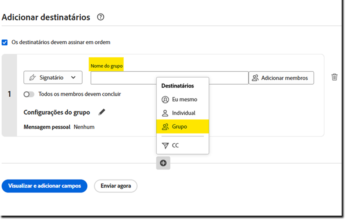 A página Enviar realçando o link Adicionar grupos de destinatários e exibindo os campos de entrada do grupo de destinatários ad hoc