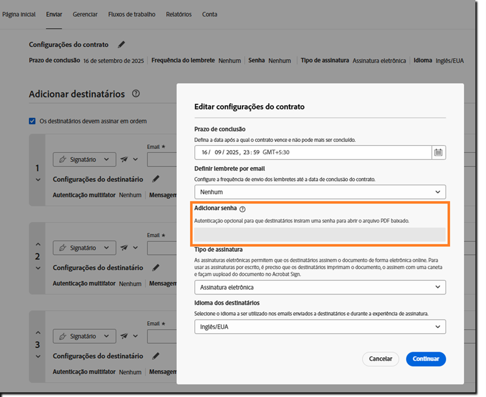 Seção Configurações do contrato com o bloqueio do campo Adicionar senha destacado.