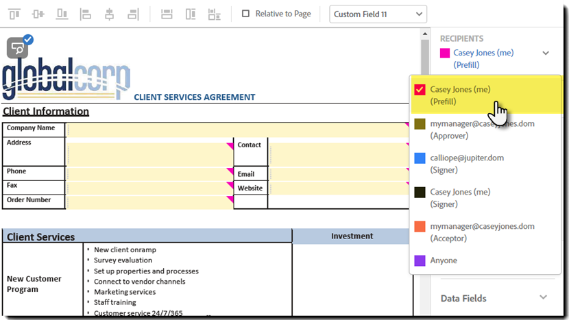A função de preenchimento prévio no menu Destinatários