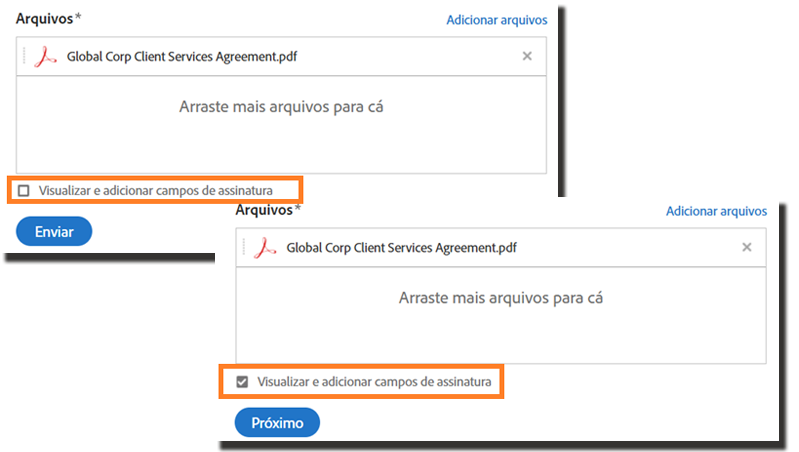 Parte inferior da página Enviar com a opção “Visualizar e adicionar campos de assinatura” realçada