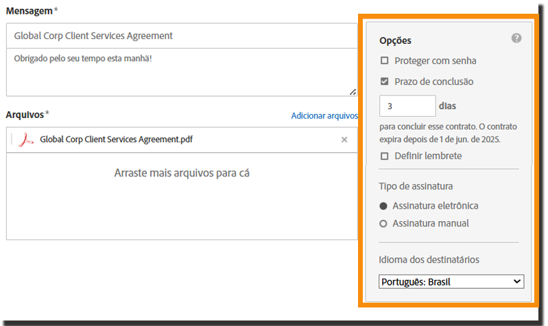 Página Enviar com as opções de envio realçadas