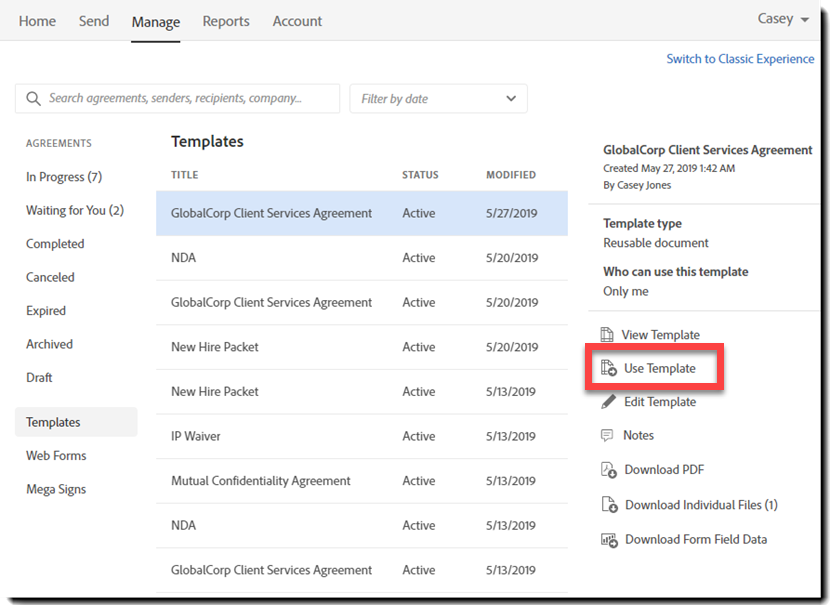 Usar um modelo da página de gerenciamento