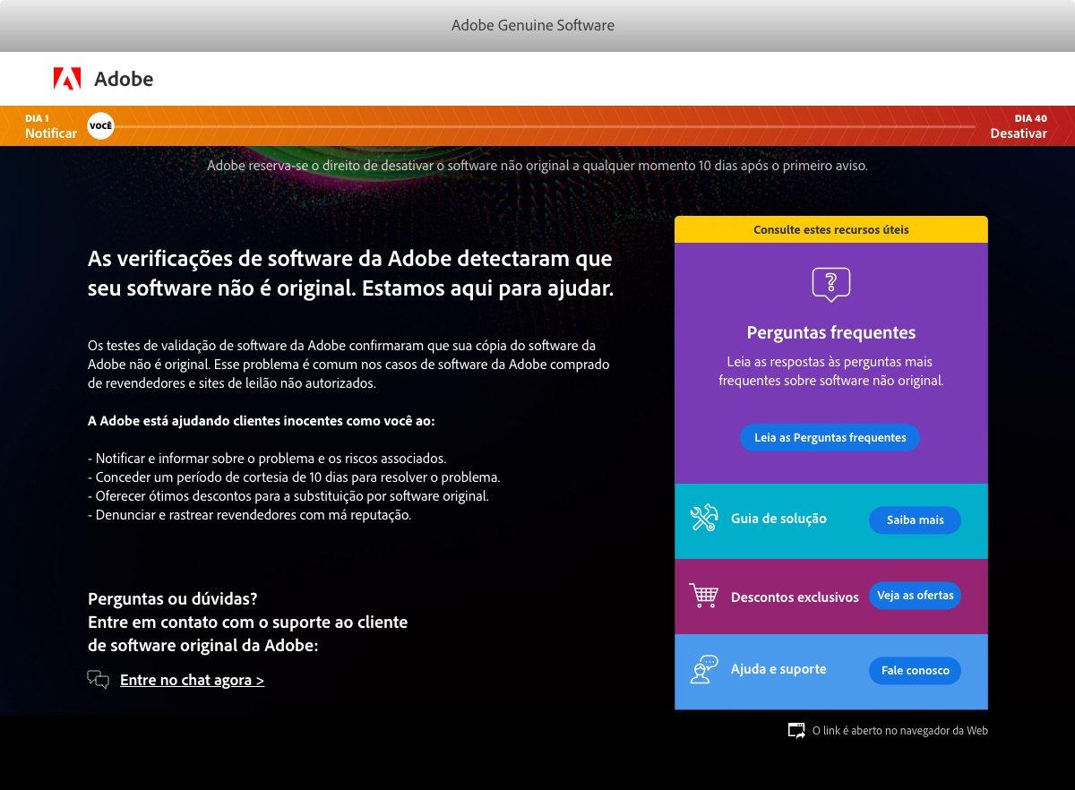Notificação enviada quando um aplicativo não original está em uso