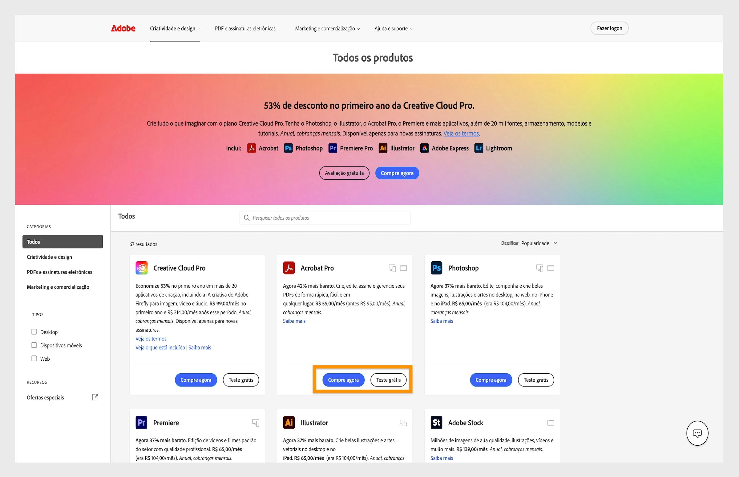 A página do catálogo de produtos da Adobe que exibe as opções de assinatura do Creative Cloud com links para preços e downloads.