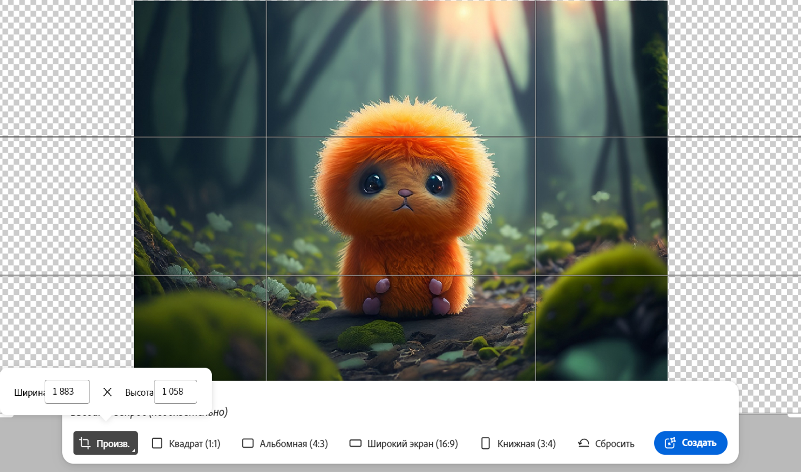 Изображение милого персонажа в джунглях. Холст был расширен. На это указывают прозрачные полосы вокруг изображения. Также можно изменить формат и добавить текстовый запрос.