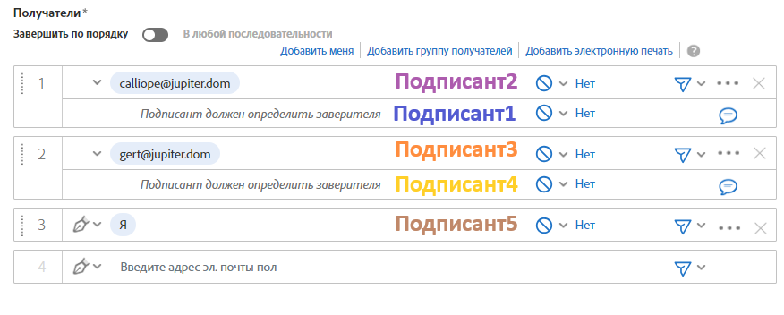 Страница создания с индексом подписи, используемым текстовыми тегами, добавленными в соответствии с получателями в списке получателей.