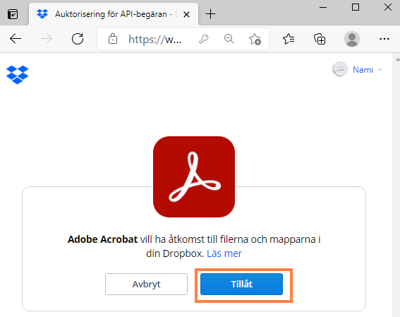 Bekräftelse för att lägga till Dropbox-konto i Acrobat eller Reader