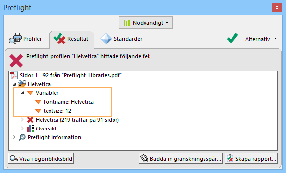 Variabelvärden i Preflight: Resultat