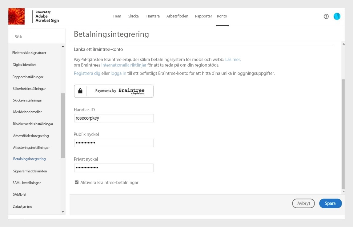 Kontoinställningssidan med betalningsintegration för Acrobat Sign visas. Du måste ange och spara säljarinformationen för att möjliggöra insamling av betalning online.