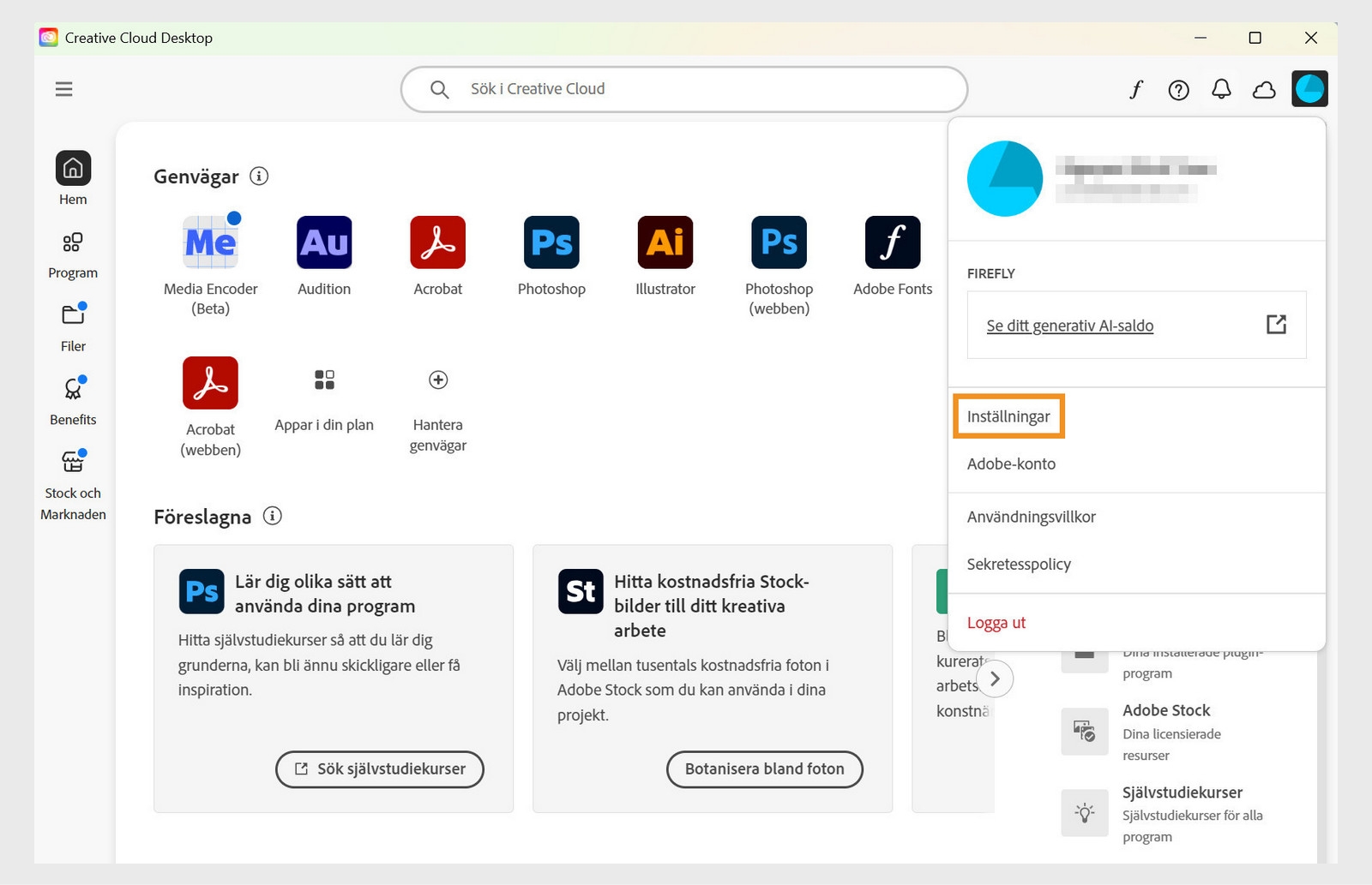 Kontoikon och alternativet Inställningar i menyn för Creative Cloud-datorprogrammet.