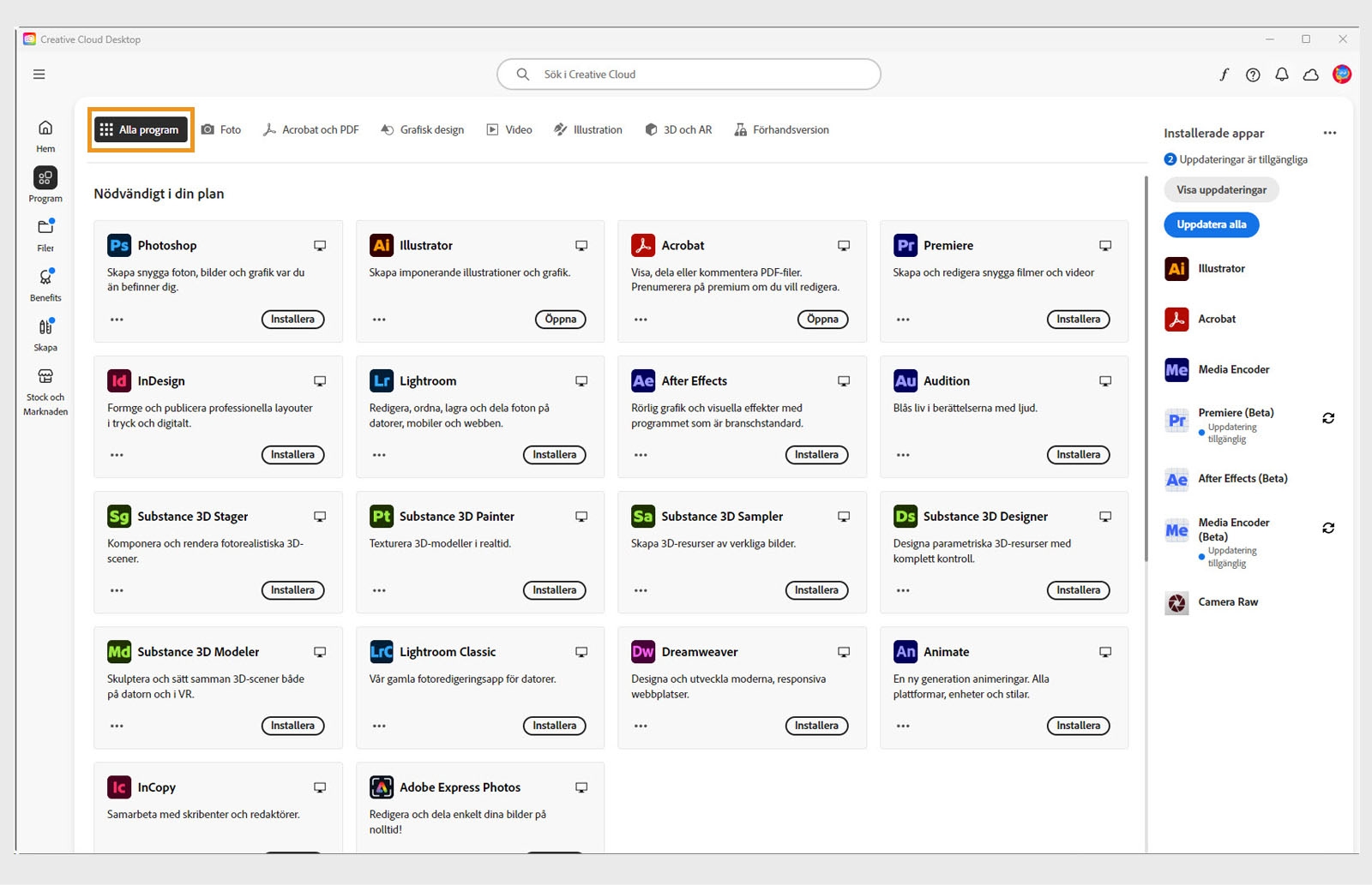Fliken Alla program med alla Creative Cloud-appar och knappen med tre punkter för varje app. 