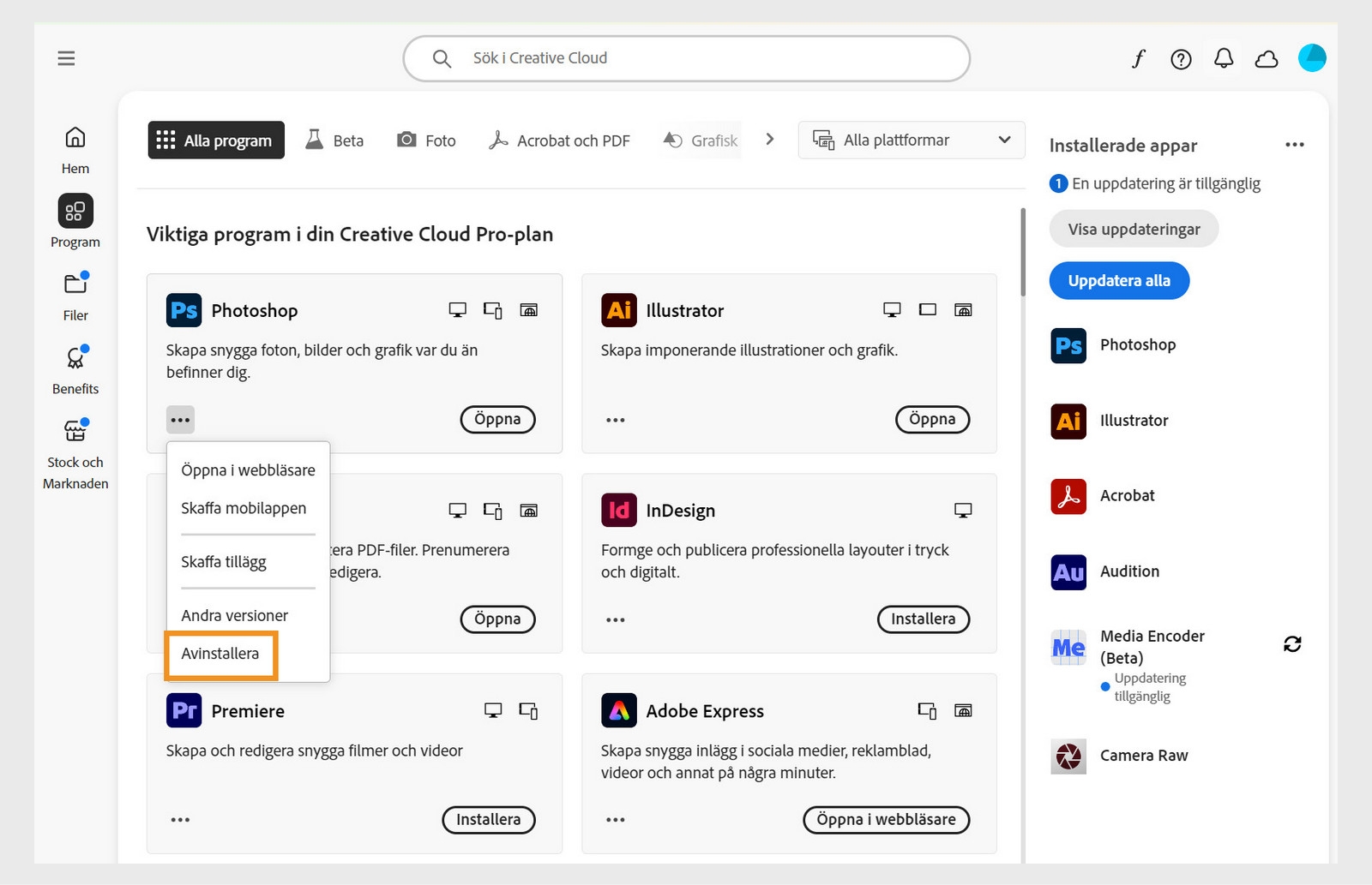 Snabbmenyn för en Creative Cloud-app omfattar alternativ för att öppna i webbläsaren och avinstallera. 