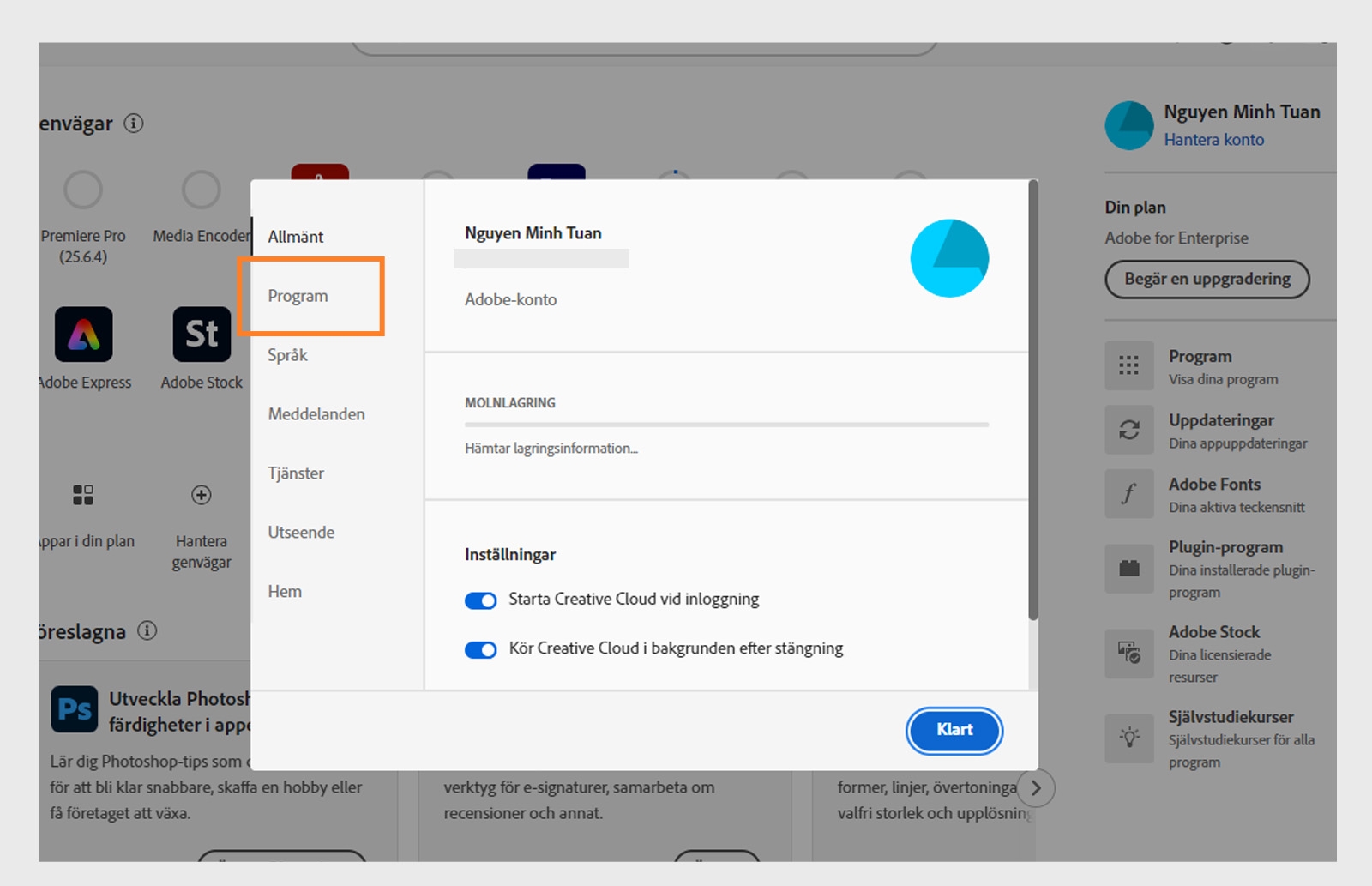 Adobe Creative Cloud inställningspanel öppen på fliken Appar, som visar alternativ för automatisk uppdatering, installationsplats och bandbreddsanvändning.