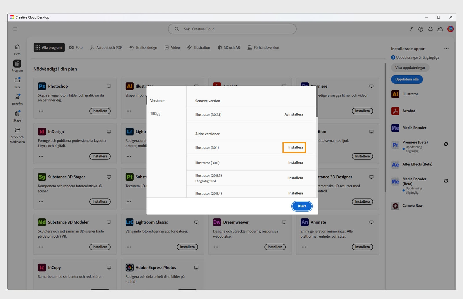 Fliken Versioner visar listan över äldre versioner av Creative Cloud-appar som finns tillgängliga för installation. 