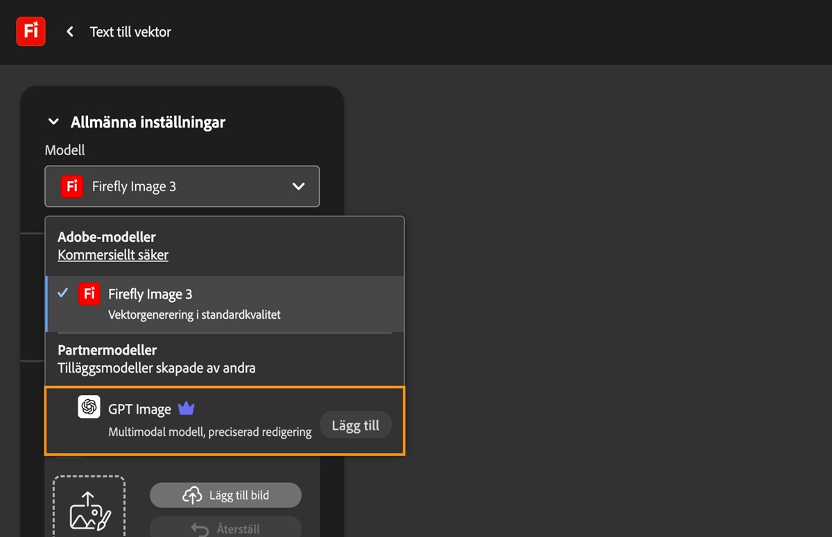 På sidan Text till vektor, under Allmänna inställningar, är listrutan Modell öppen och det finns Adobe-modeller och modeller som inte är från Adobe att välja bland. GPT Image är markerad för tillfället.