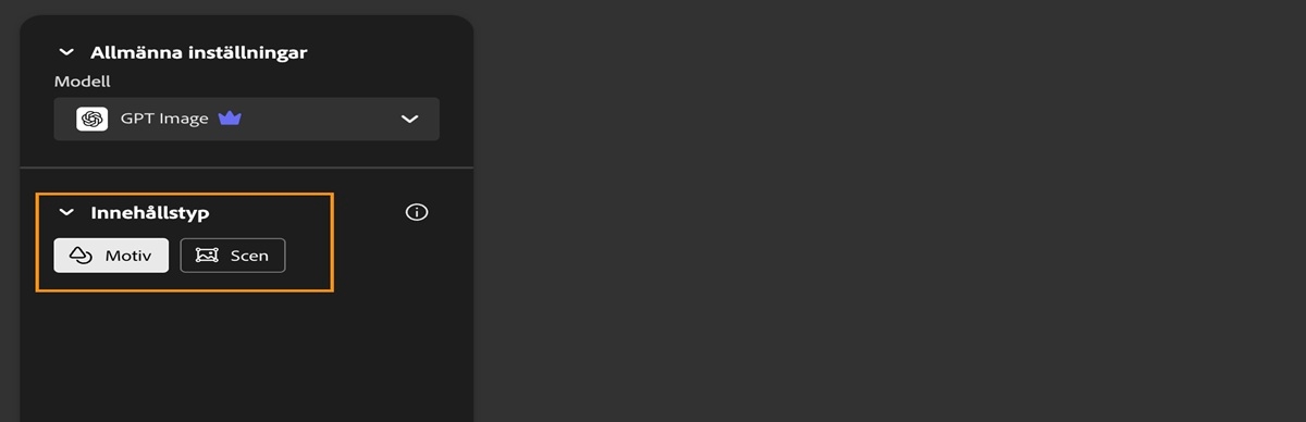 Under avsnittet Innehållstyp finns det två alternativ att välja bland – Motiv och Scen. Alternativet Motiv är markerat för närvarande.
