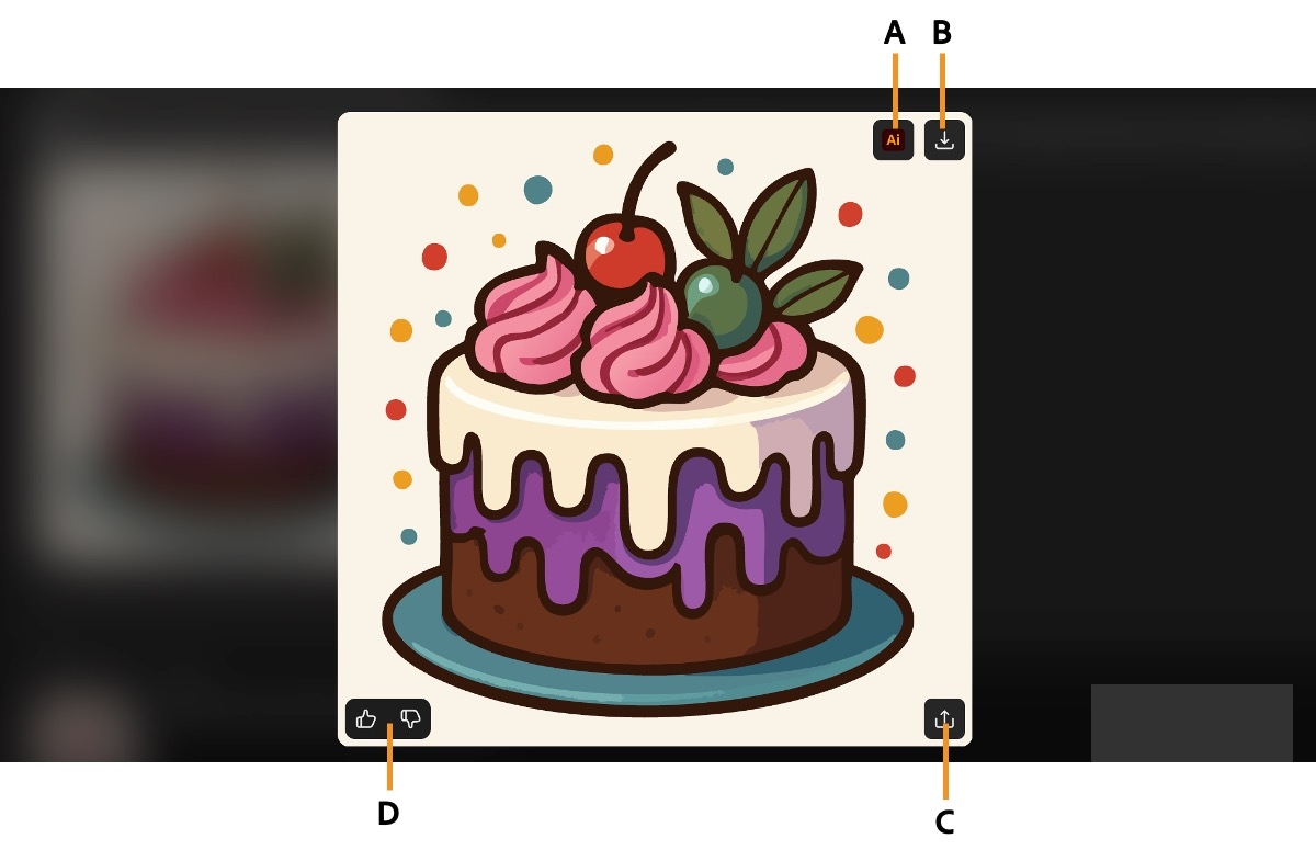 Den genererade vektorbilden markeras och det finns flera åtgärder att välja bland, till exempel hämta, kopiera, betygsätt och öppna i Illustrator.