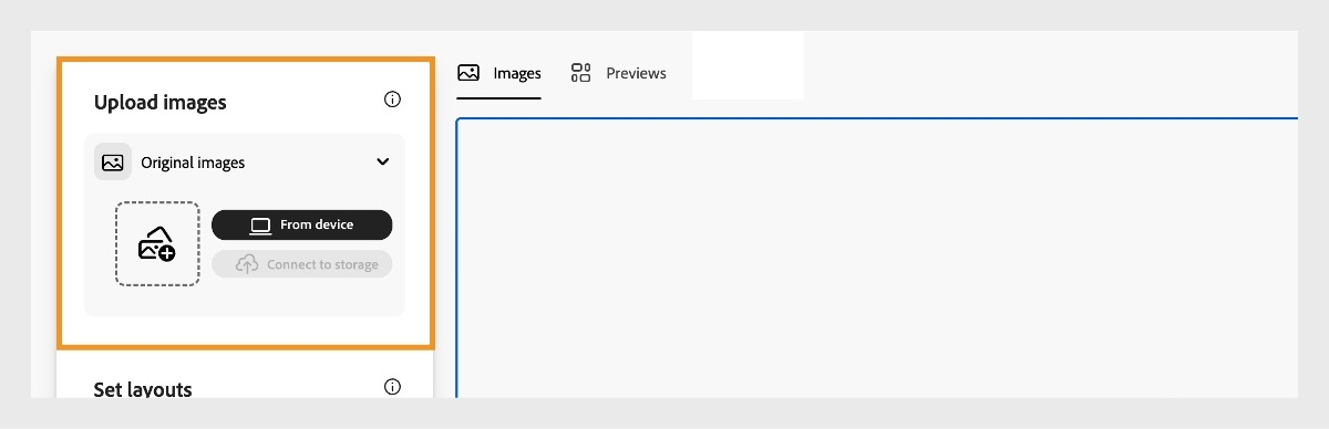 I avsnittet Överför bilder, under Originalbilder, använder du Från-enheten för att börja överföra bilder för storleksändring.