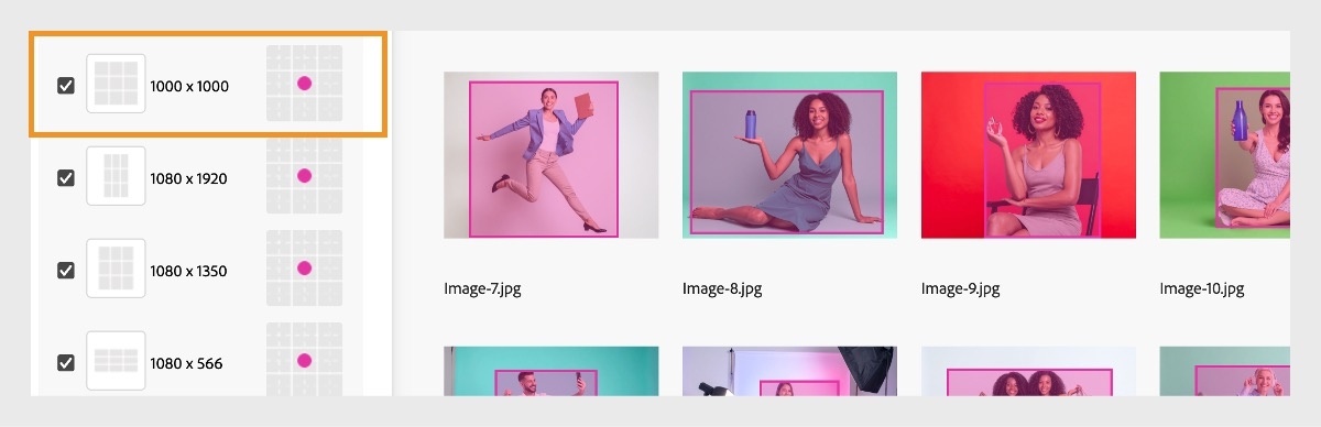 Sammansättningslayouten visas för alla överförda bilder och en rosa punkt anger bildens fokuspunkt.