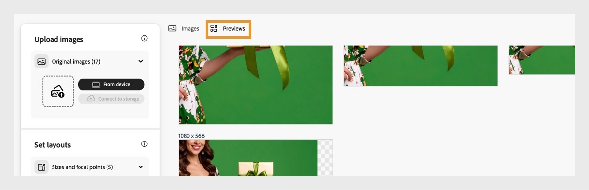 Fliken Förhandsgranskningar är markerad och visar en lista med förhandsgranskningar av bilder vars storlek har ändrats.