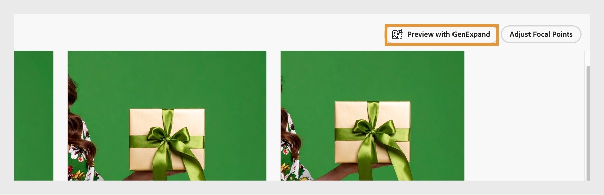 På fliken Förhandsgranskning visas bilder med angivna fokuspunkter och dimensioner, och alternativet Förhandsgranska med Generativ utökning är markerat.