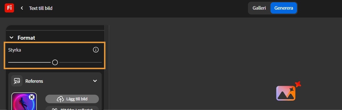 Under avsnittet Stilar väljs skjutreglaget Styrka och det ställs in på neutral.