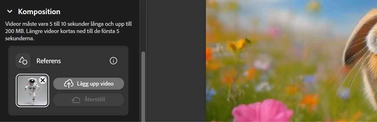 I avsnittet Sammansättning, under Referens, överförs en video. Det finns alternativ för att återställa i syfte att ta bort referensvideon.