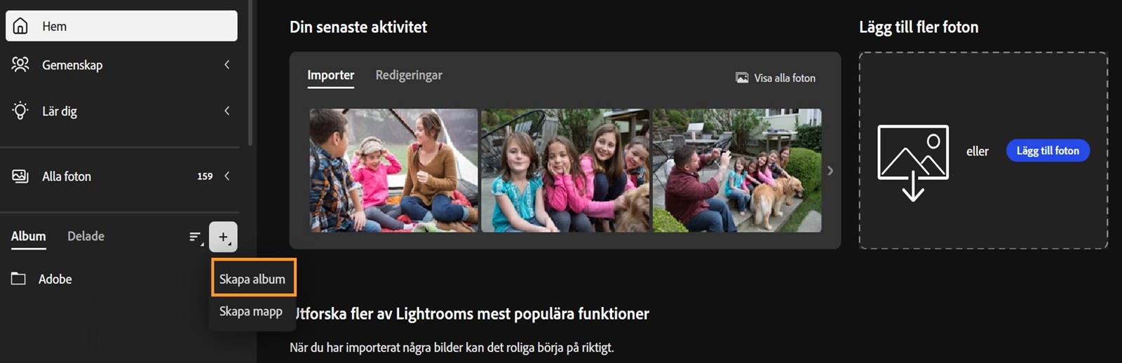 Skapa album är markerat på hemsidan och alla andra alternativ för Hem, Användarforum, Lär dig och Alla foton visas.