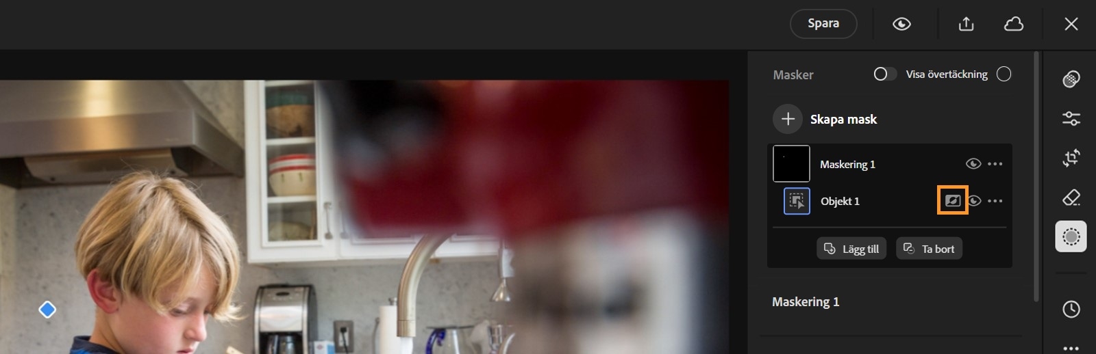 Verktygspanelen Mask visas med inverteringsikonen markerad. I panelen finns också alternativ för Visa övertäckning, Skapa mask, Lägg till mask och Ta bort mask. 