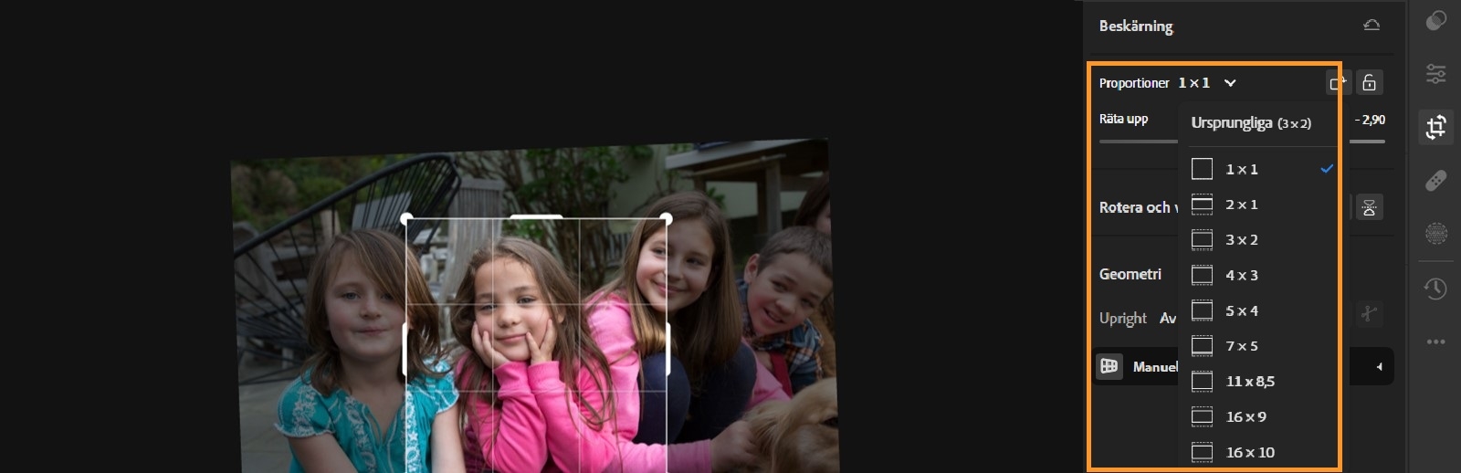Bildförhållande är markerat i panelen Beskära och rotera där olika storlekar visas.
