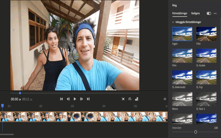 Tillämpa en färgförinställning, anpassa dess intensitet och justera dess färgegenskaper