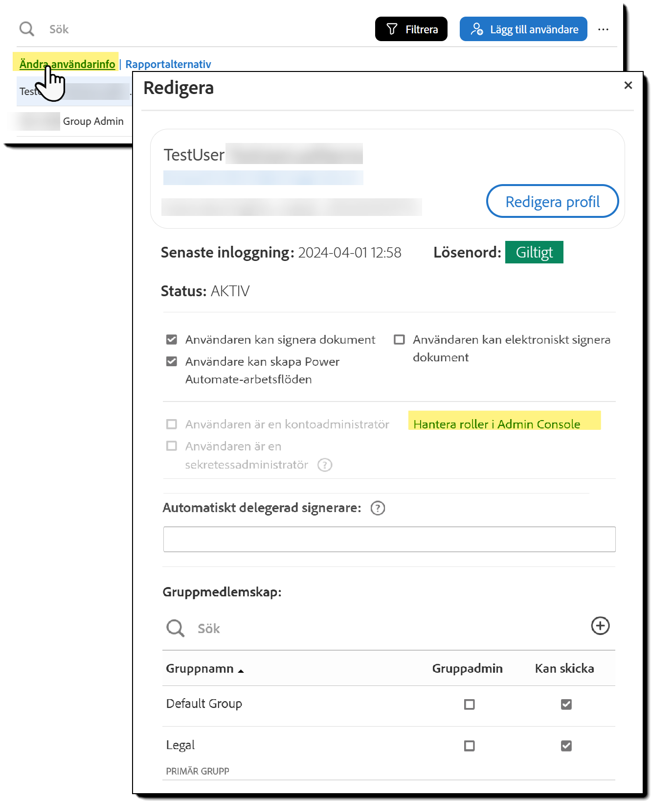 Sidan Användare med länken Redigera användaruppgifter markerad