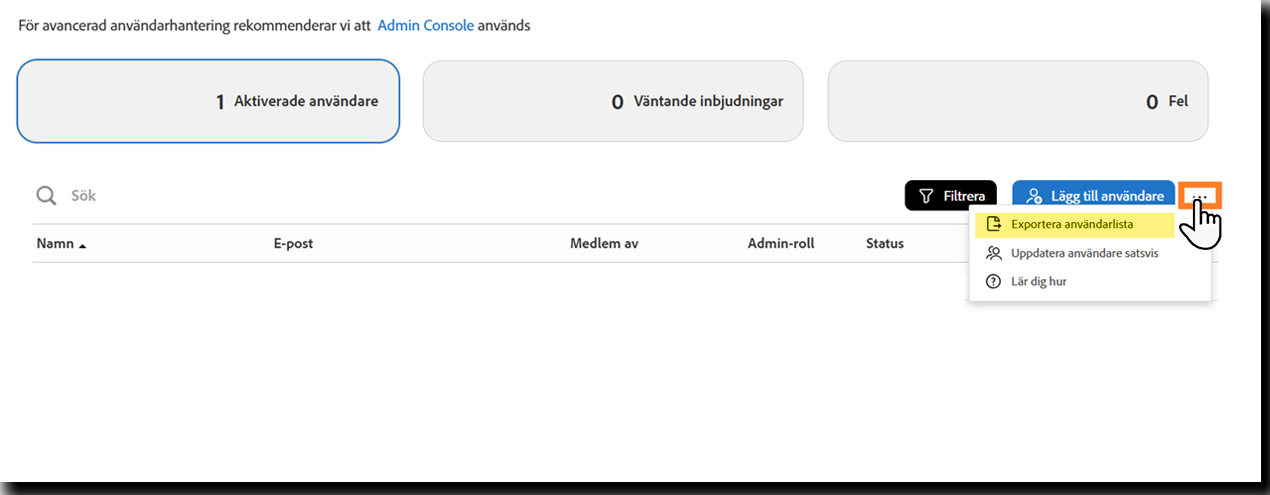Sidan Användare med alternativet Exportera användarlista markerat
