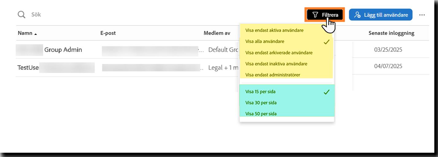 Sidan Användare med sökfältet markerat