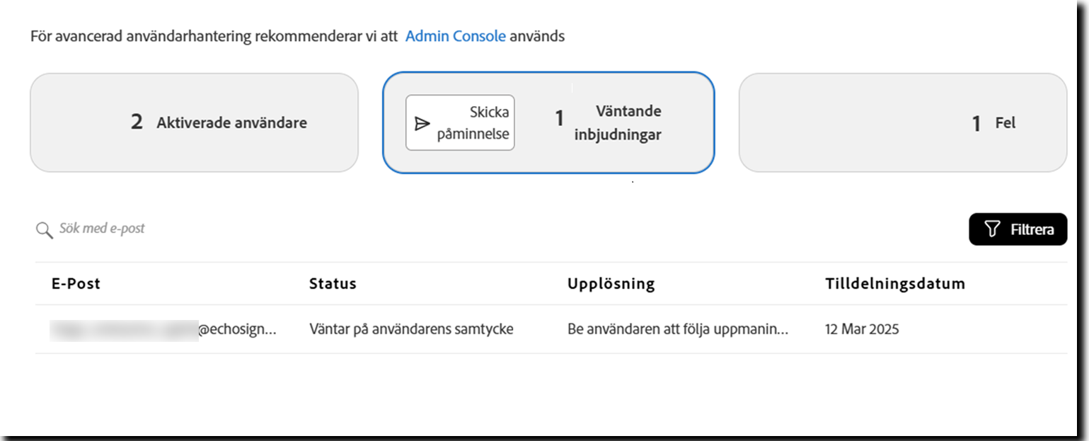 Sidan Användare som visar vyn Väntande inbjudningar