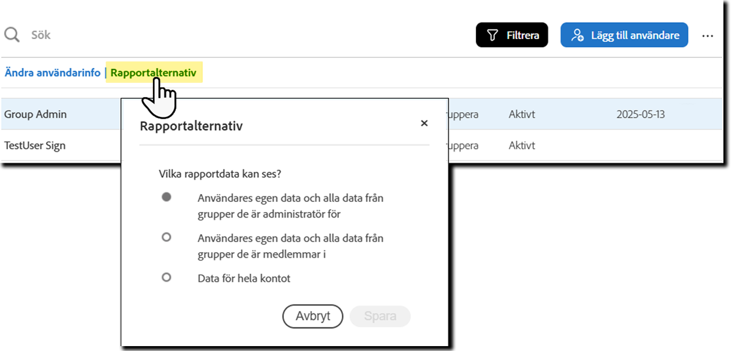 De utökade användaråtgärderna med Rapportalternativ markerade.