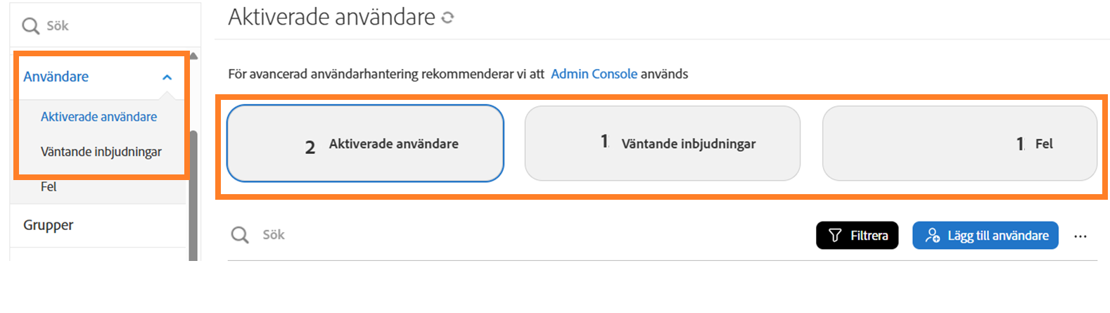 Sidan Användare med de tre knapparna för att ändra vyerna markerade