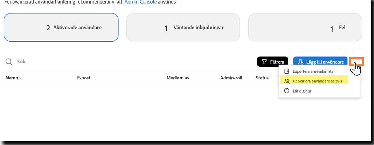 Sidan Användare med alternativet Uppdatera flera användare samtidigt markerat