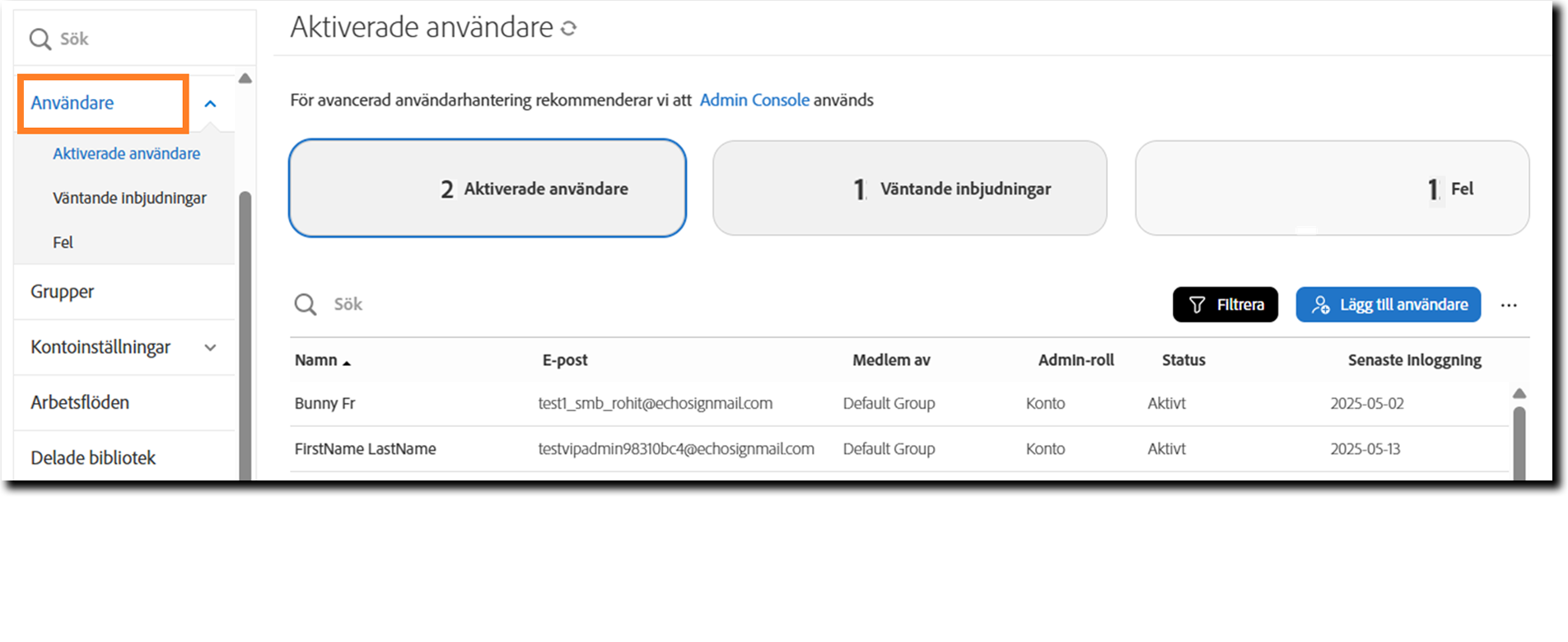 Sidan Användare som visar vyn Aktiva användare