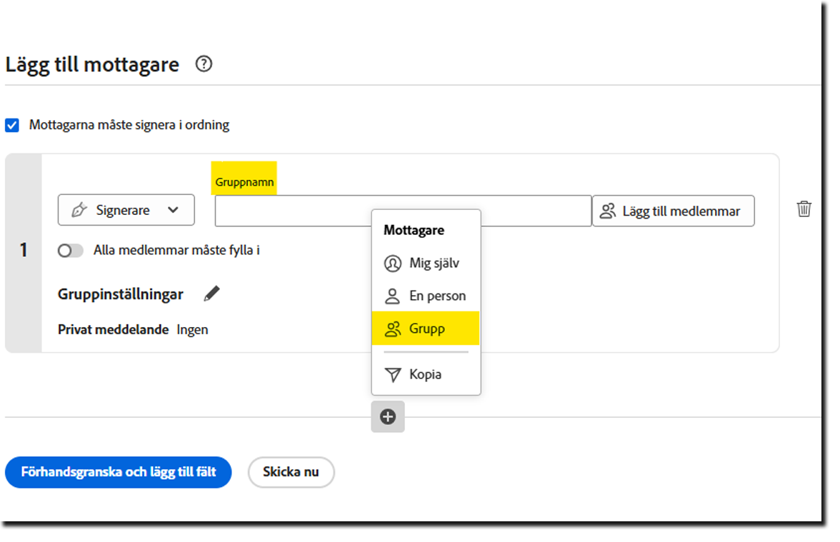 På sidan Skicka markeras länken Lägg till mottagargrupper och inmatningsfält för ad hoc-mottagargrupper visas