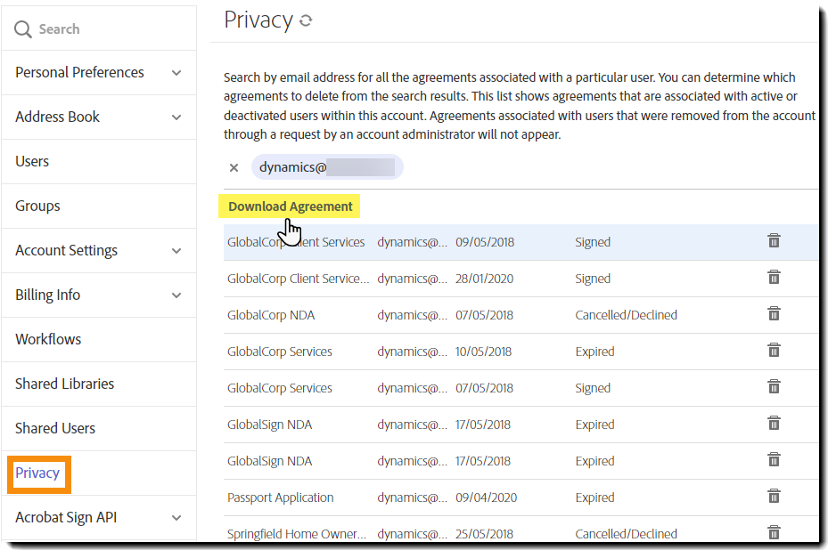 Fönstret Sekretess med avtal visas och länken Hämta avtal markeras