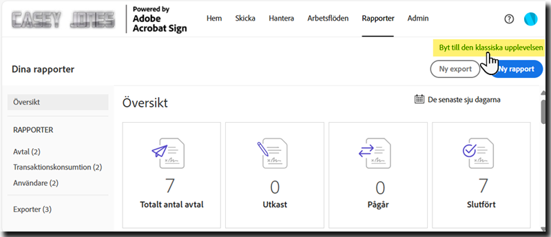 Sidan Rapporter som visar växlingslänken till den klassiska miljön