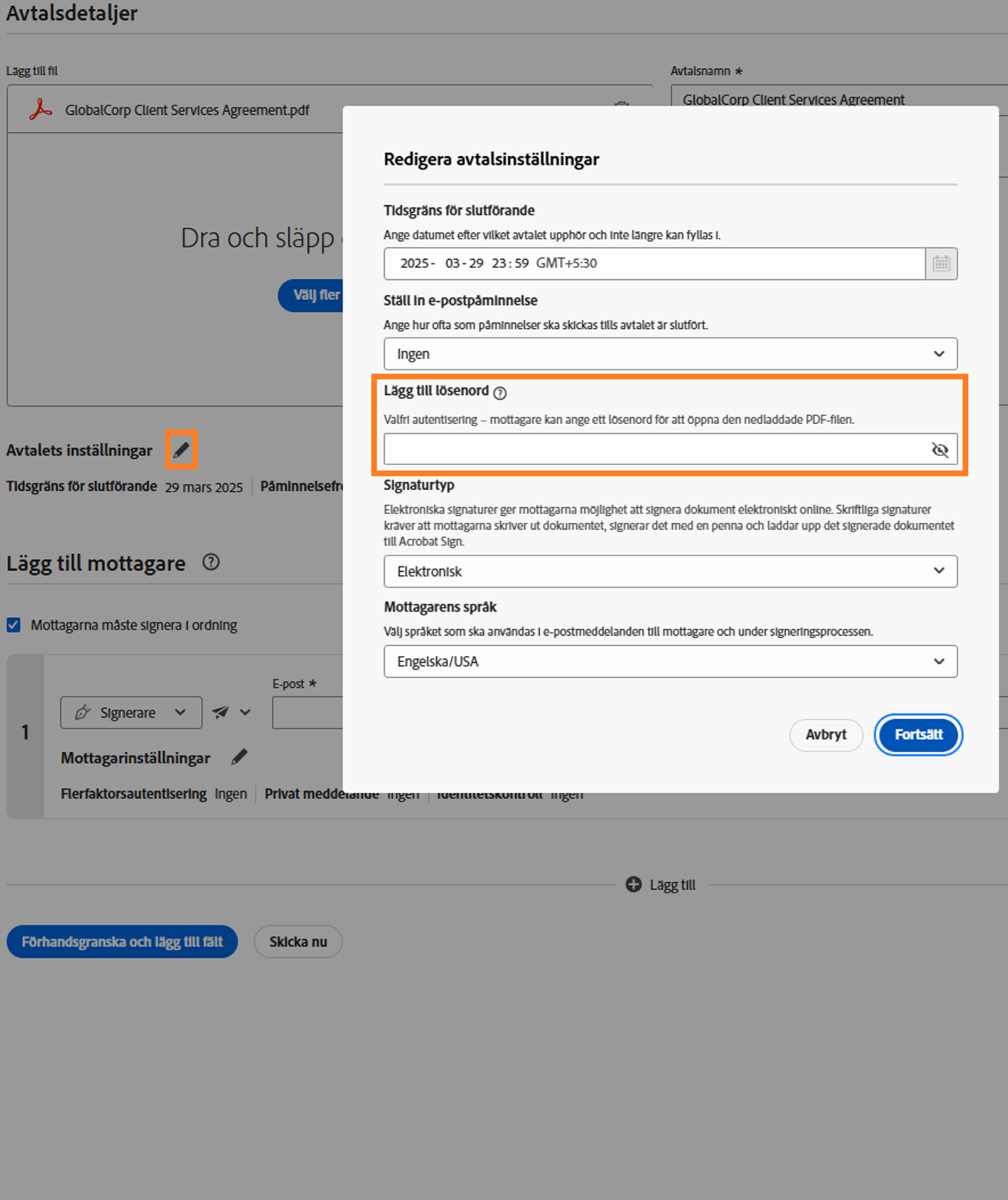 En vy över sidan Begär signatur som markerar lösenordskontrollen.