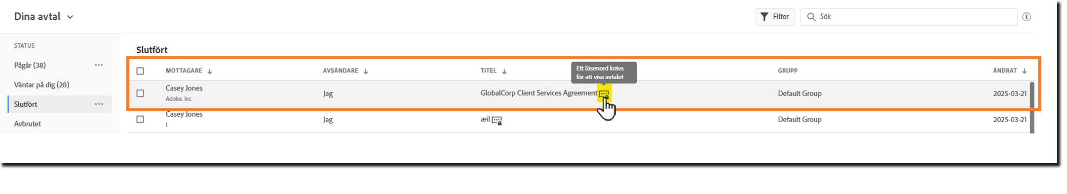 En vy över sidan Hantera med ikonen skyddad vy markerad på en avtalspost.