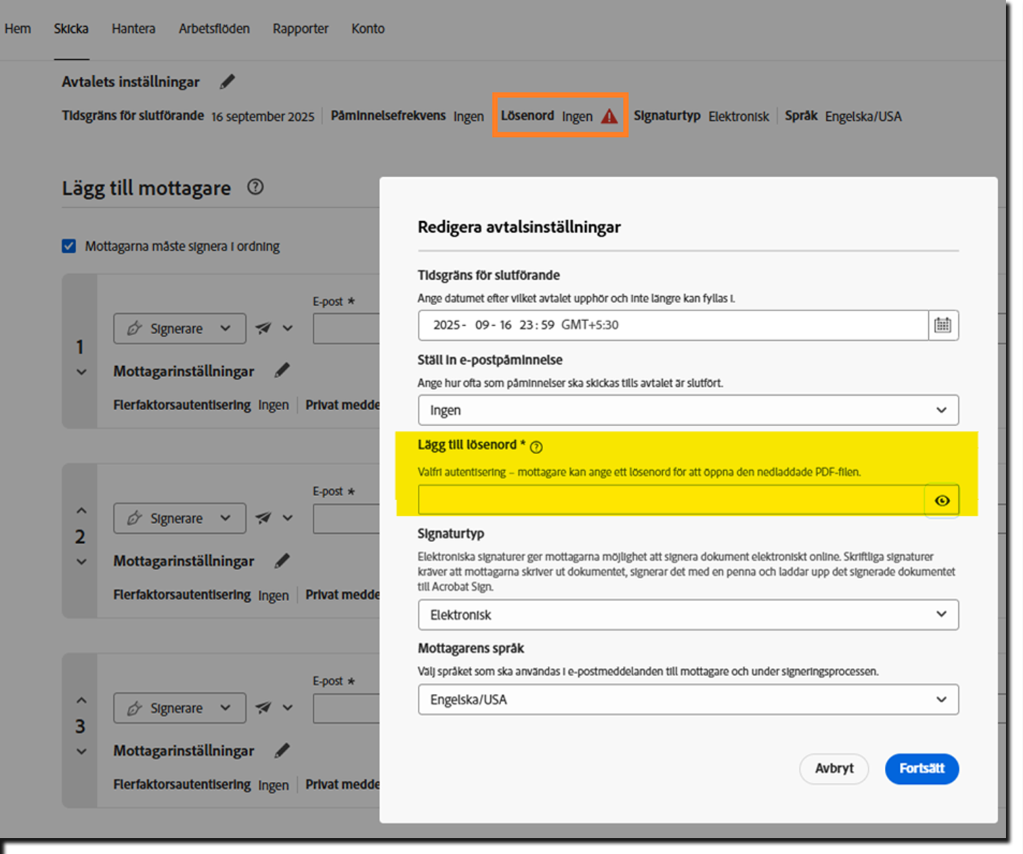 En vy över sidan Begär signatur som markerar den obligatoriska lösenordskontrollen.