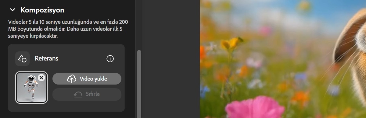 Referans altındaki Kompozisyon bölümünden bir video yüklenir. Referans videosunu kaldırmak için Sıfırla seçeneği mevcuttur.