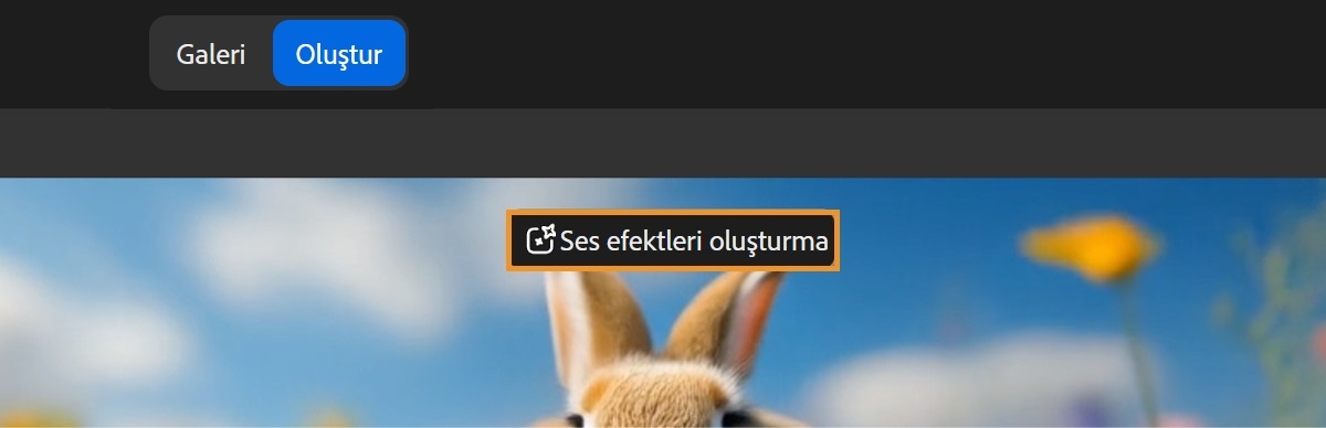 Oluşturulan video önizleme modundadır ve imleci üzerine getirdiğinizde Ses efektleri oluştur seçeneği etkinleşir. Bu seçenek, videonun ses efektleri eklemek üzere Ses Efektleri Oluştur sayfasında kullanılabileceğini belirtmek için vurgulanmıştır.