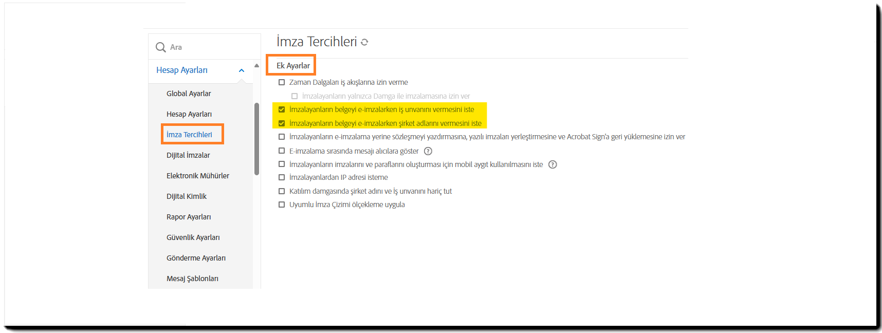 Unvan ve Şirket seçeneğinin gerekli olması için etkinleştirilmesi gereken Ek Ayarlar kontrolleri.